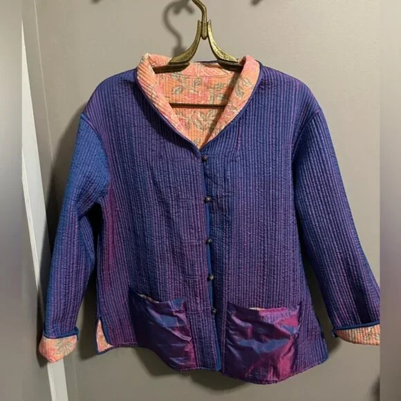 Sam Hilu silk quilted jacket reversible stunning florals fun buttons pockets M - Picture 2 of 8